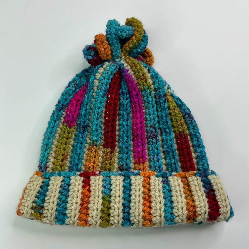 Handmade Multicolor Crochet Beanie Kids One Size Ribbed Curly Topper Hat